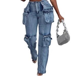 ACED IT Y2k Cargo Jeans Boyfriend High Waisted Straight Leg Pockets Denim Sz S